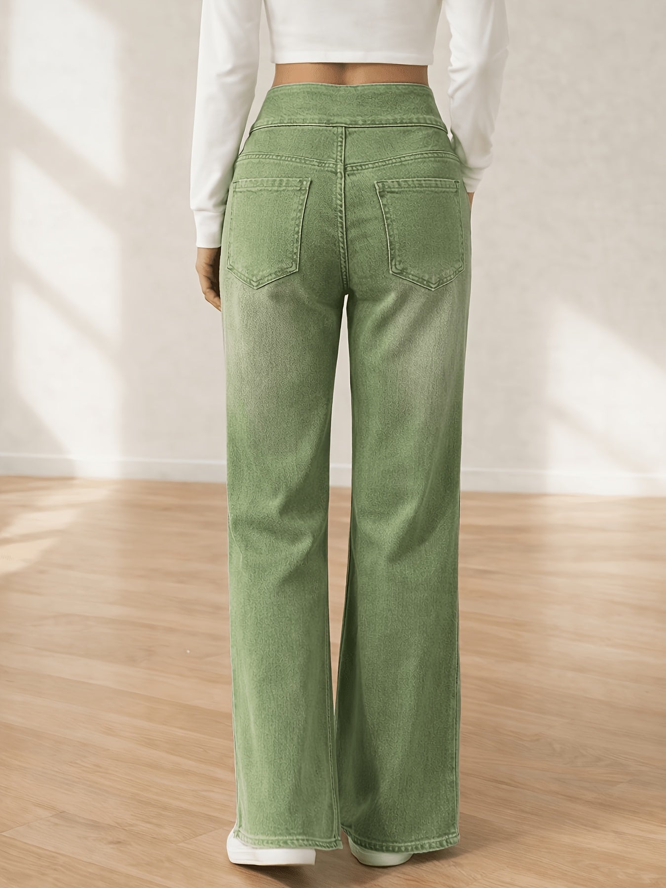 Women's Stretch Waistband Jeans High Waisted Slim Wide-Legged Jeans Loose Straight Leg Pants with Pockets Designed for All Seasons Versatile for Everyday And Formal Wear Machine Washable Women's Trendy Denim Pants for Office Wear Outdoor Jeans