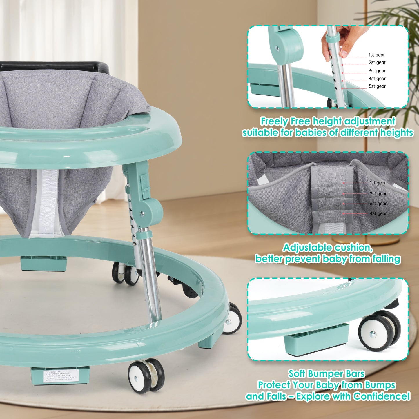 Baby Walker Foldable with 9 Adjustable Heights, Baby Walkers and Activity Center for Boys Girls Babies 6-12 Months, Baby Walker and Bouncer Combo with Wheels Portable Anti-Rollover, Mother's Choice