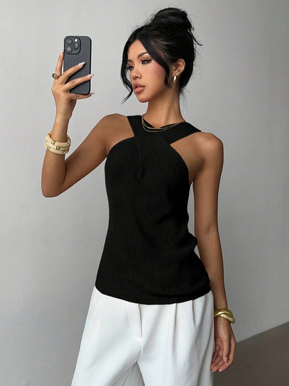 Casual, Niche Design, Crossover Neck Sweater, Summer Women'S Clothing, Sleeveless Top For Women.
