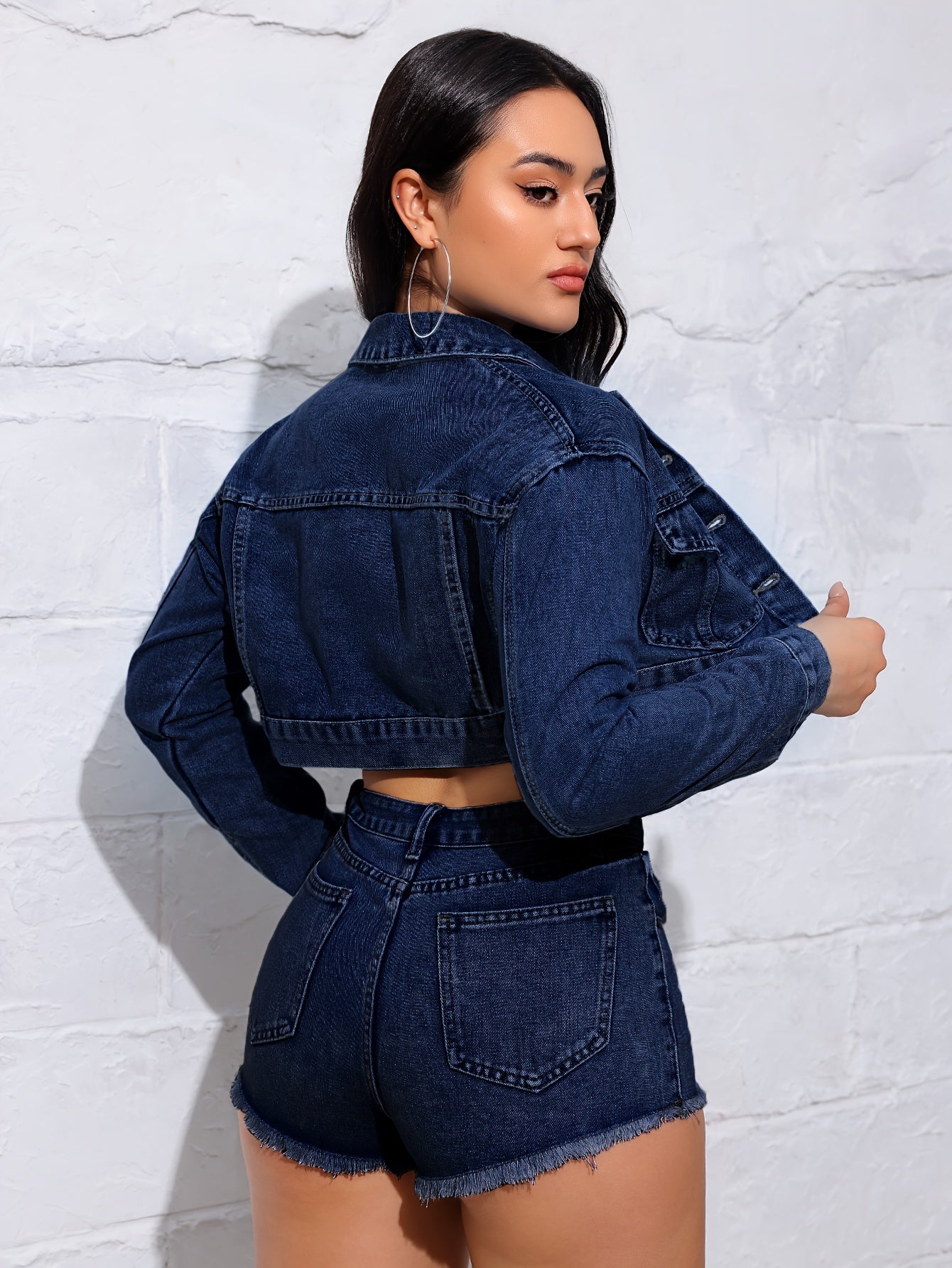 Women's Vintage Washed Denim Jacket - Short Length Drop Shoulder Sleeve Coat with Classic Collar, Casual Spring/Fall Outerwear
