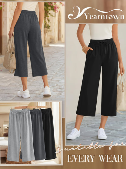 Plus Size, 3pcs Plus Size Women's Capri Pants, Wide Leg Basic Sweatpants Lounge Loose Fit Casual Drawstring Capris with Pockets