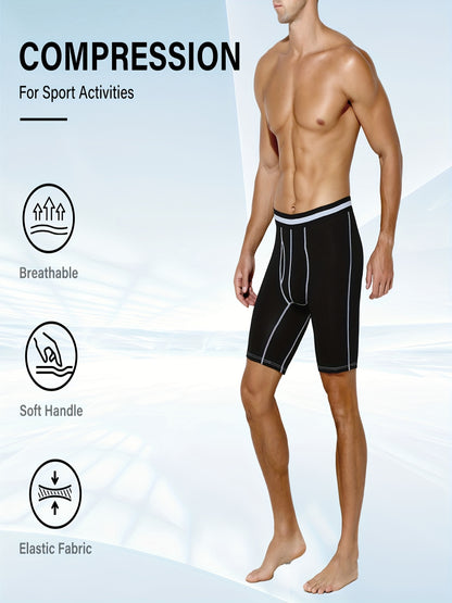 4pcs Men's Long Leg Cotton Underwear Total Support Pouch Boxer Briefs with Open Fly Pouch, Men's Cycling Sports Wear Bottoms, Moisture Wicking & Breathable Slimming Shapewear Body Shape for Men