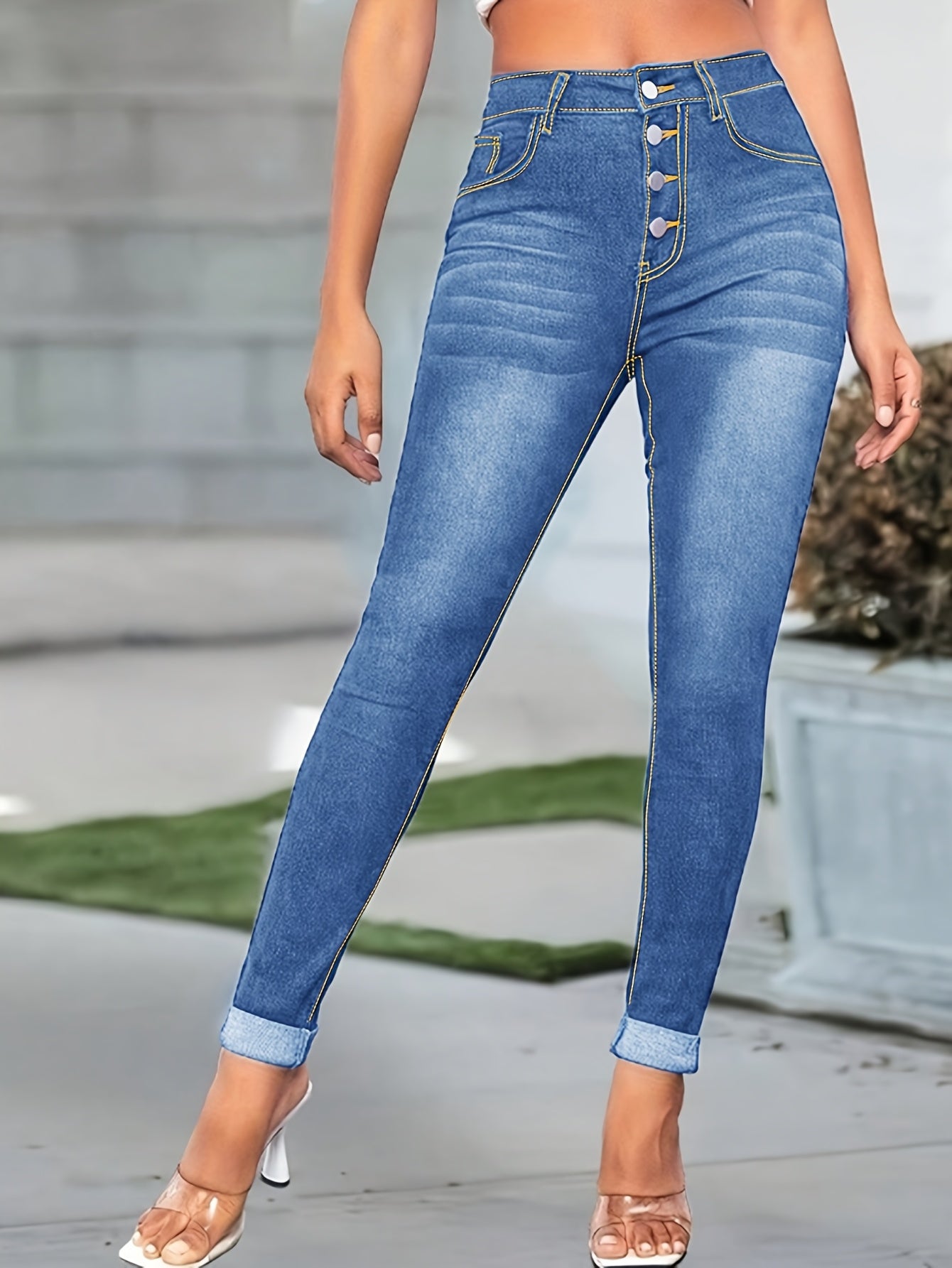 Women's Casual Mid-Waist Elastic Stretch Skinny Jeans - Single Breasted Button Closure, Machine Washable Denim Pants with Pockets, Solid Black All-Season Tight-Fit for Casual Attire, Elastic Waist Jeans, Versatile Clothing, Durable Fabric