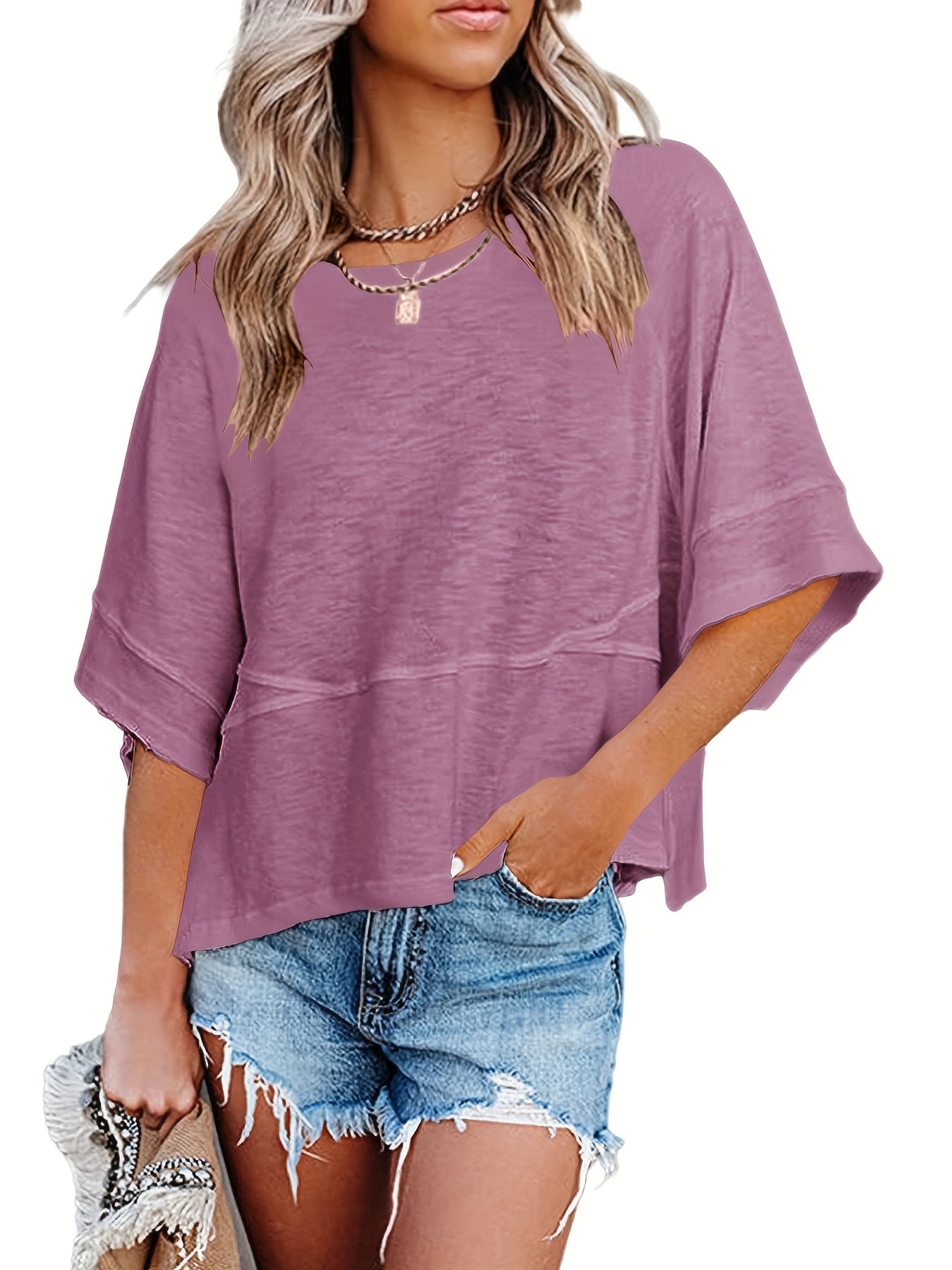 Solid Crew Neck Loose Basic T-shirt, Casual Half Sleeve Spring And Summer T-Shirt, Women's Clothing