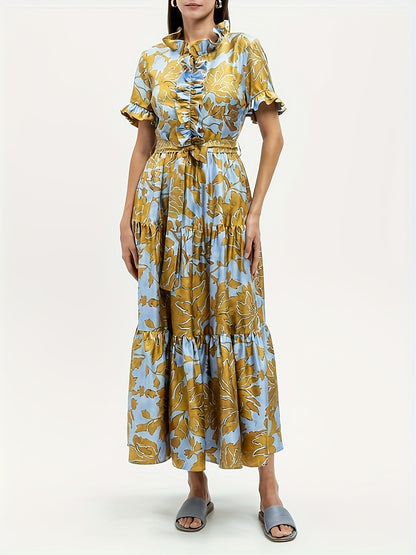 Maxi Dress with a Blue And Yellow Floral Pattern, Featuring Short Sleeves, a Tie Layer, Made from Imitation Tencel Fabric, Adorned with Chest Ruffles, a V-Neck, a Belt, Two Side Pockets, a Tiered Skirt, And a Straight Hem