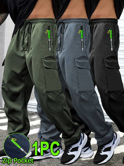 1pc Men'S Spring/Fall Cargo Pants with Large Zipper Pockets & Drawstring Waist - Olive Green Casual Outdoor Joggers for Hiking, Daily Wear, and Leisure Activities, Jogging Pants, Straight Leg Fit