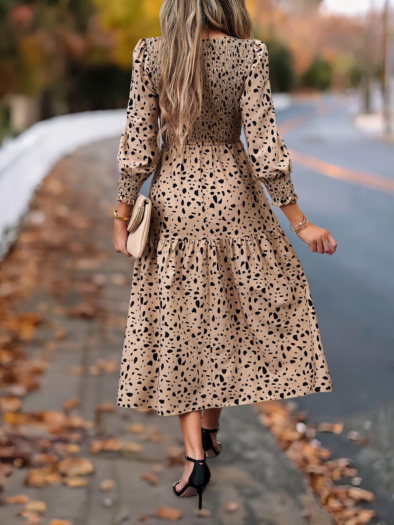 ZAFUL Spring Women's Clothing, Elegant Dress for Ladies with Long Sleeves and Round Neck Leopard Print, Commuting Elegant Dress, Women's Long Skirt