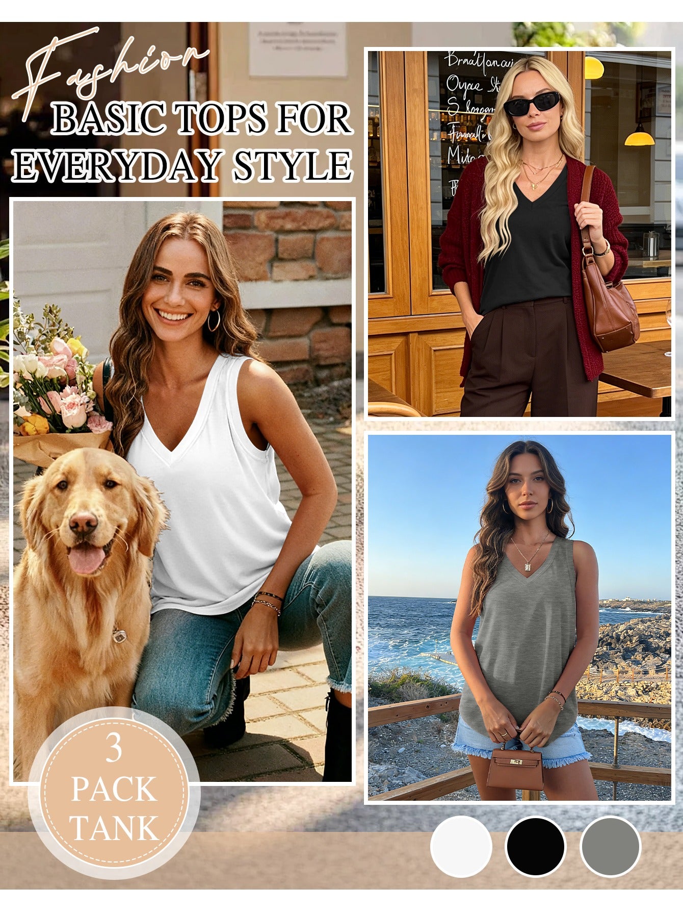 [3 Pack Tank Tops] 3 Pack Womens Tank Tops 2026 Spring Summer Vacation Outfits V Neck Loose Sleeveless Blouse Casual Shirts Fashion Clothes