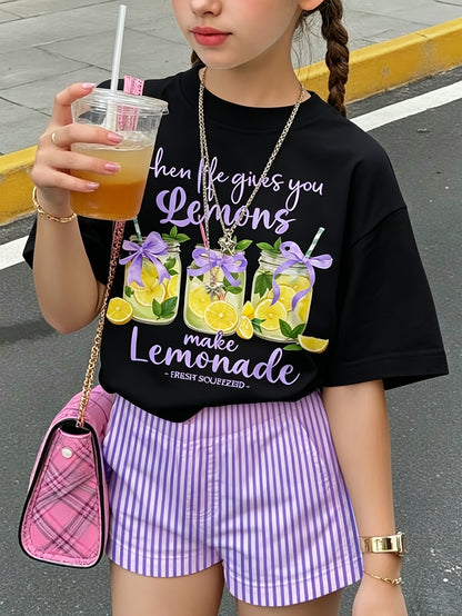 [Candy-Themed Graphic Tee] Fun Candy-Themed Graphic Tee - Vibrant White T-Shirt with 'LIGHTS CAMERA DANCE SMILE' Text in Playful Font & Decorative Elements Perfect for a Casual Day Out or Indoor Activities, -Expressing Top for Young Children Only One Piec