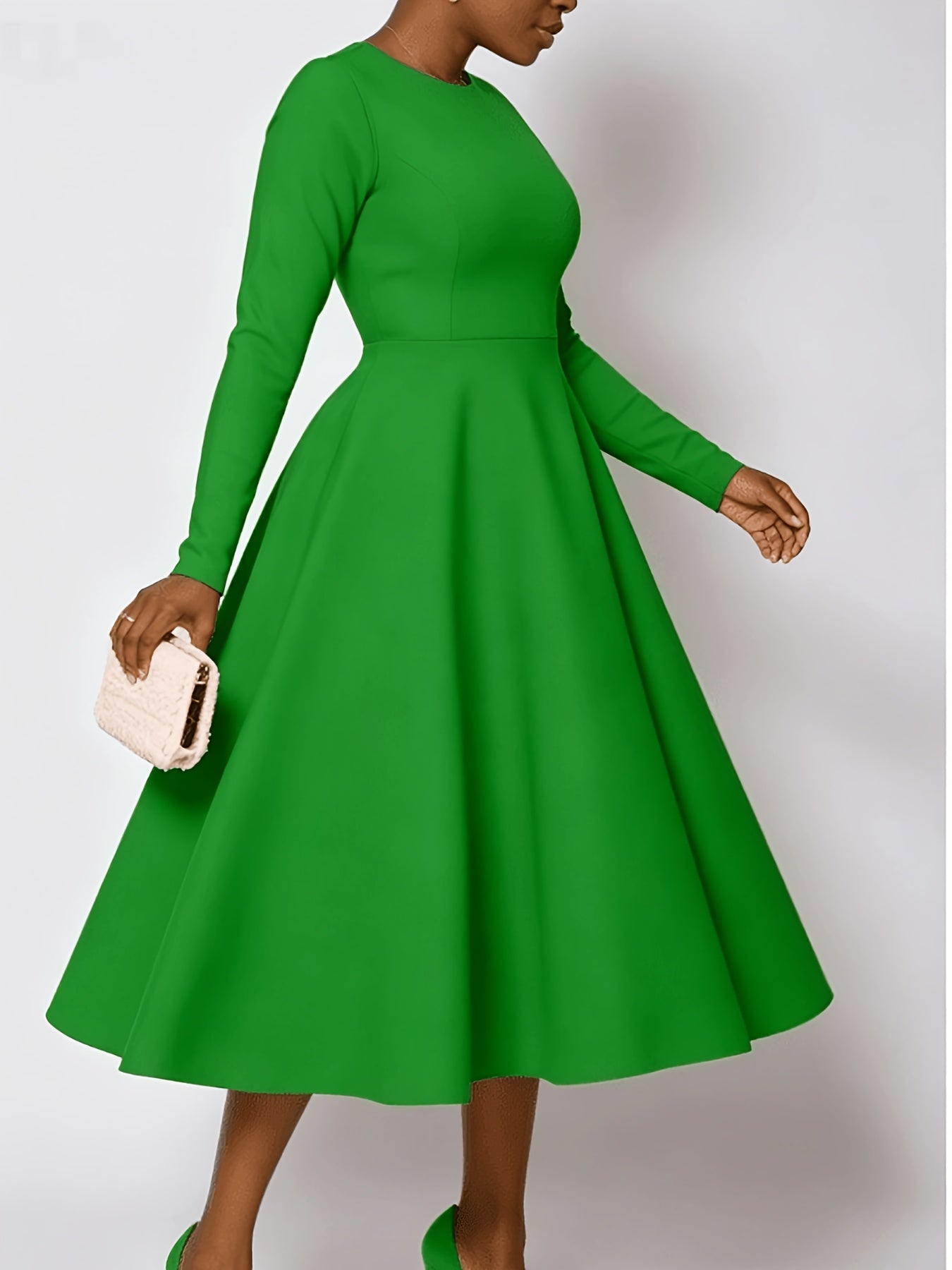 Plus Size - Plus Size Women'S Solid Color Round Neck Long Sleeve Back Pleated Flared Dress Autumn And Winter Elegant Long Dress