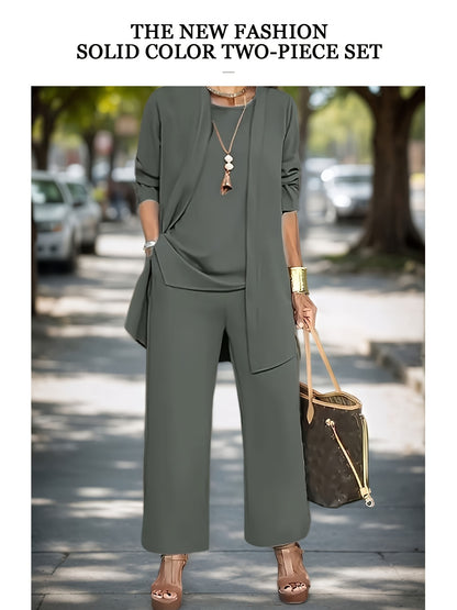 2025 New Stylish Women'S Solid Color Two-Piece Outfit - Crew Neck Blouse & Loose-Fitting Trousers, Stretchable Mix, Washable in Machine - Ideal for Spring And Autumn