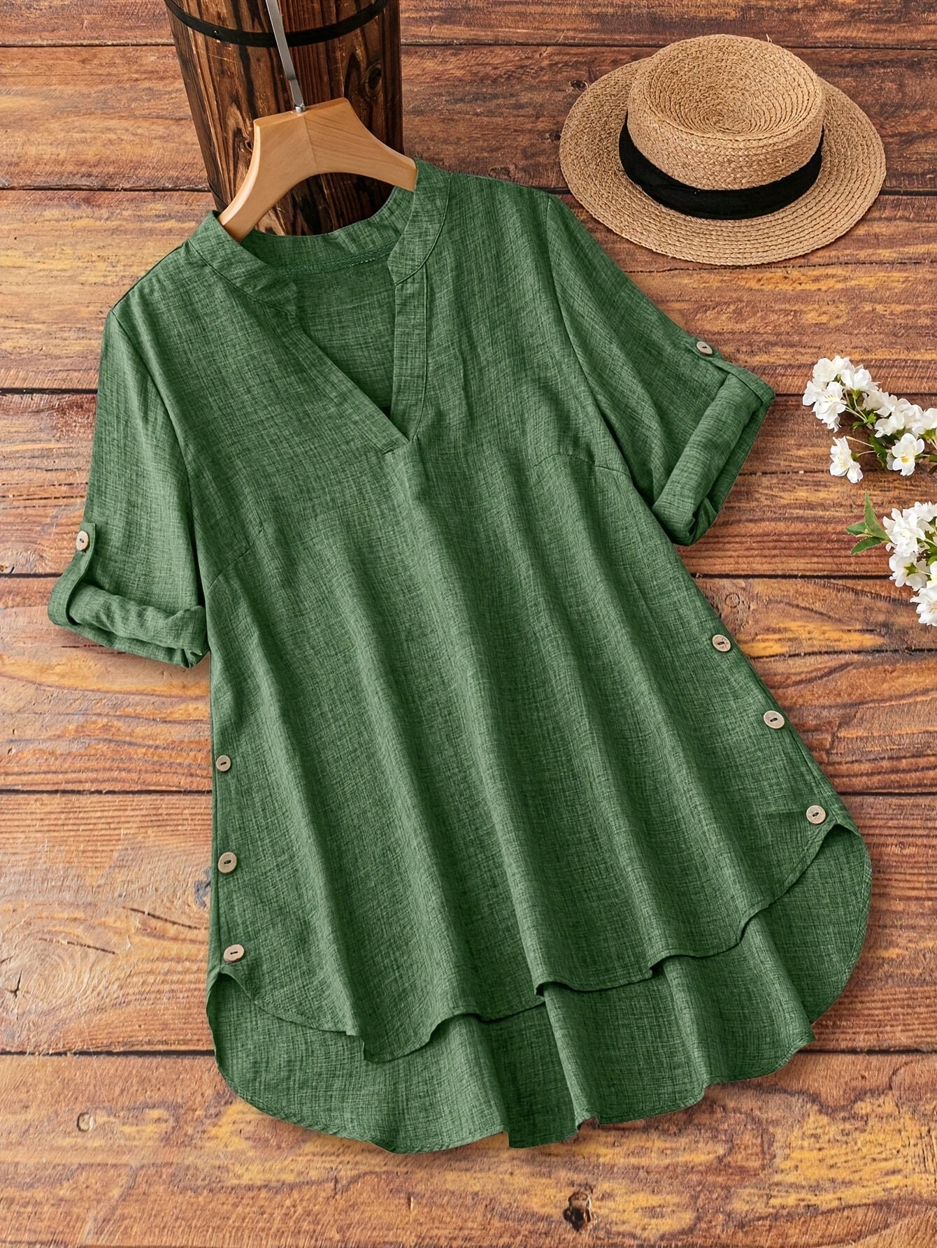 Plus Size - Plus Size - Plus Size Women'S Spring And Summer Casual V-Neck Button Tops - Flat Collar Rolled Sleeve Decorative Button Vacation Style Blouses, Perfect for Relaxed Or Elegant Looks