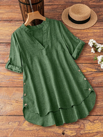 Plus Size - Plus Size - Plus Size Women'S Spring And Summer Casual V-Neck Button Tops - Flat Collar Rolled Sleeve Decorative Button Vacation Style Blouses, Perfect for Relaxed Or Elegant Looks