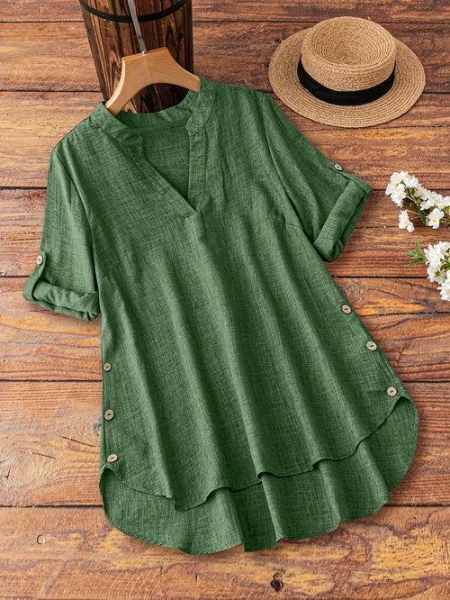 Plus Size - Plus Size - Plus Size Women'S Spring And Summer Casual V-Neck Button Tops - Flat Collar Rolled Sleeve Decorative Button Vacation Style Blouses, Perfect for Relaxed Or Elegant Looks