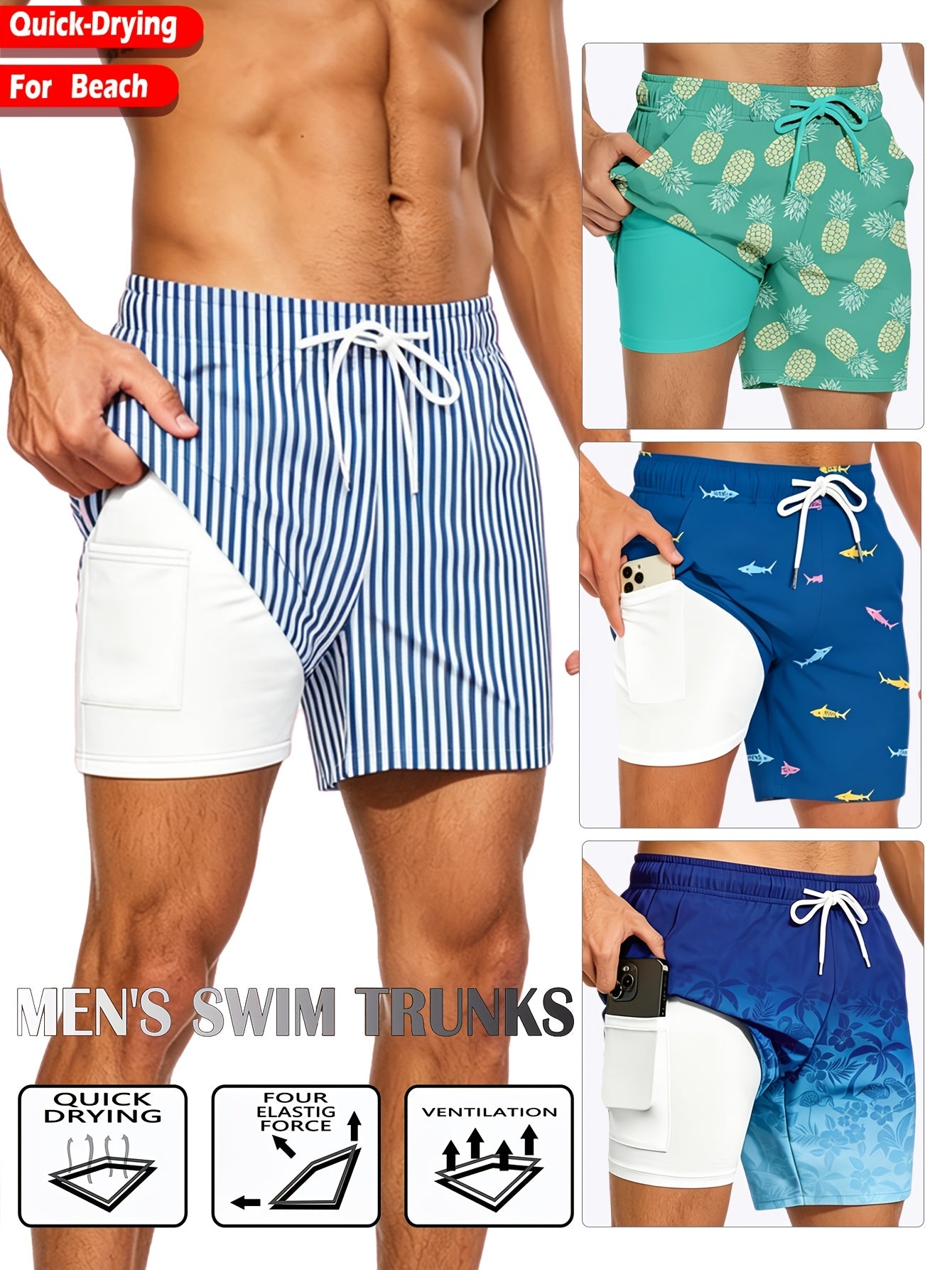 Keevoom Men'S Swim Trunks Quick-Dry 2-in-1 Built-in Liner With Belt Loop Pocketed Compression Liner Shorts Lightweight Surf Shorts Ideal For Swimming, Beach Vacations, Gym Use