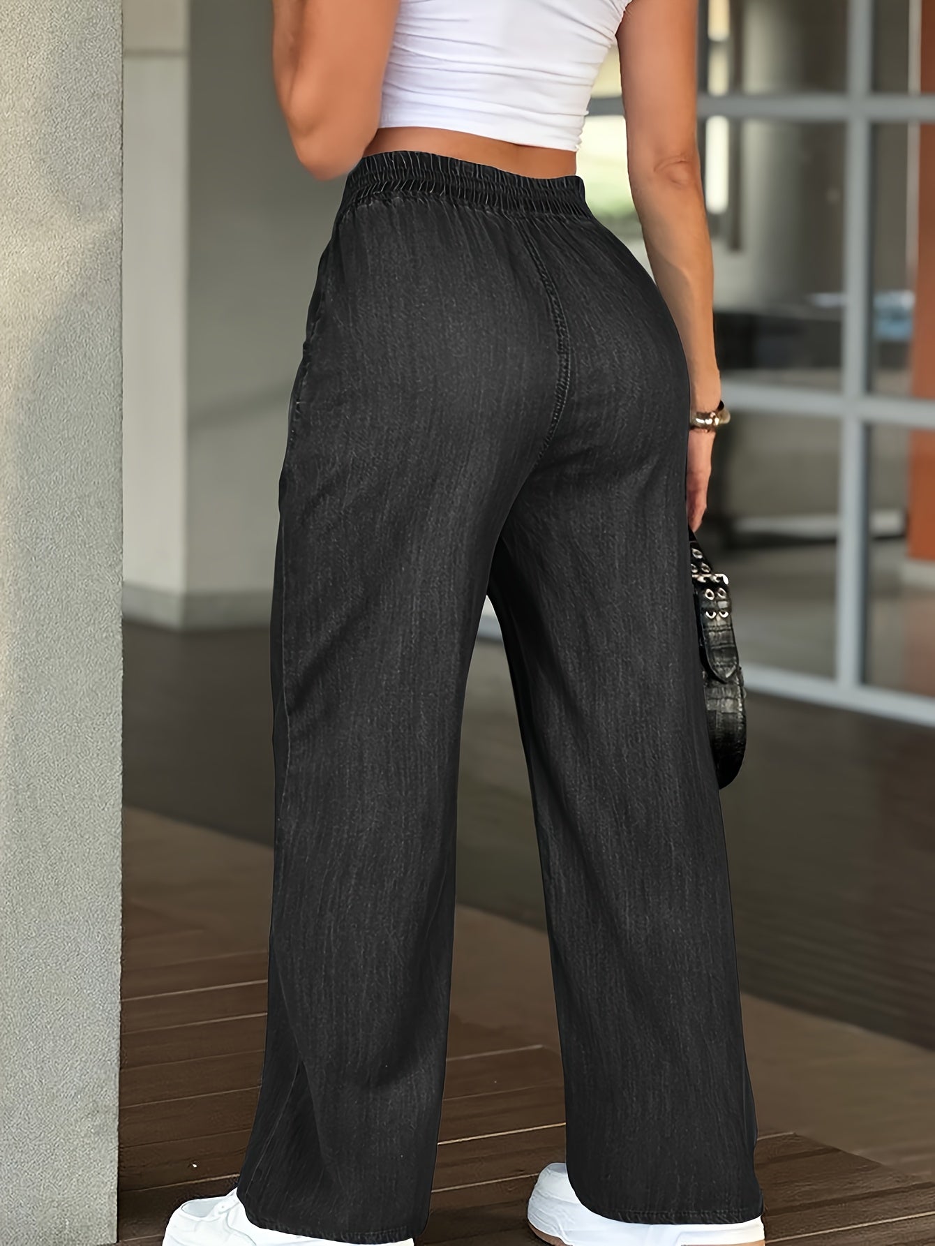 [High-Waisted Comfortable Jeans] Women's Solid Color High-Waisted Straight Jeans, Drawstring Elastic Waistband Design, Loose Fit Version, All-Season Casual Trousers, Lightweight Comfortable Wide Leg Pants Suitable for Everyday Wear