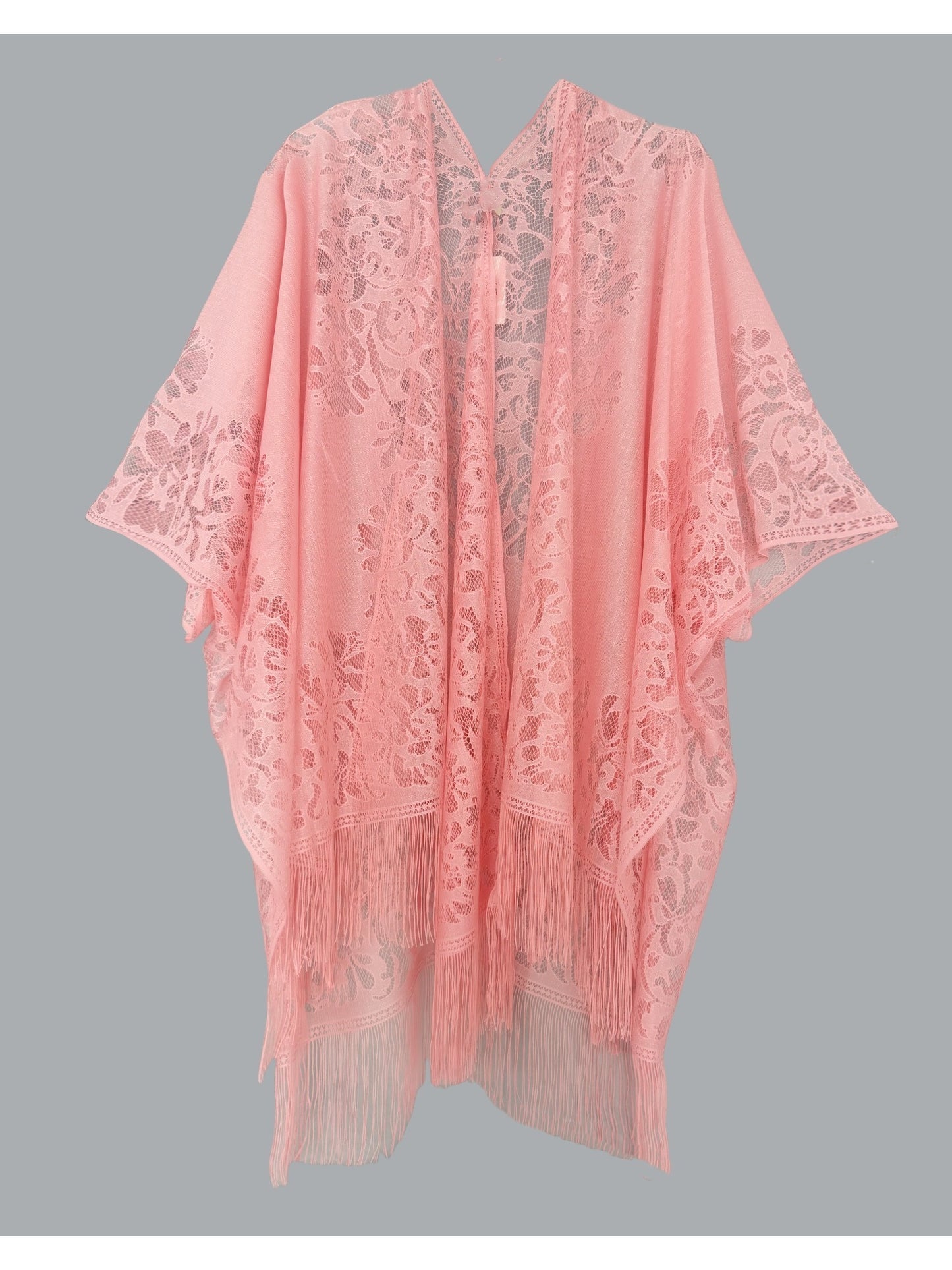 Woman's Plus Size Boho Cover Up, Lace Kimono, Women's Plus Floral Lace Batwing Sleeve Cover-Up, Open Front Tassel Trim Kimono, Lightweight Beach Cover Up