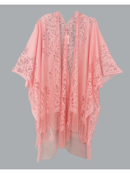 Woman's Plus Size Boho Cover Up, Lace Kimono, Women's Plus Floral Lace Batwing Sleeve Cover-Up, Open Front Tassel Trim Kimono, Lightweight Beach Cover Up