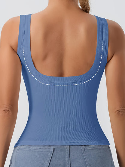 A Plain Scoop Neck Tank Top, Perfect for Casual Summer Wear, Featuring Removable Chest Padding for a Slim Fit, Designed for Women