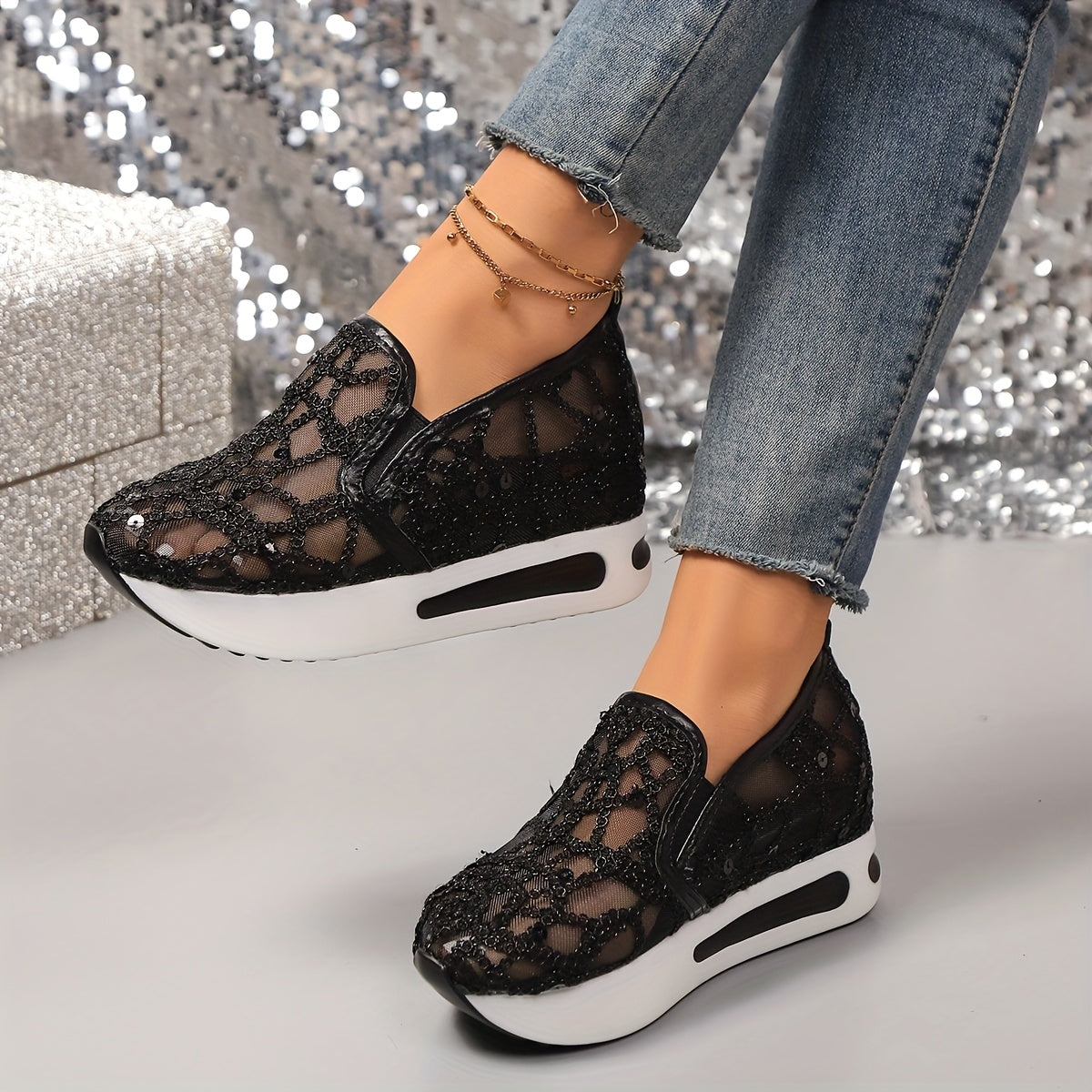 Women'S Chic Black Sequin Mesh Sneakers - Breathable, Casual Sneakers, Lightweight EVA Sole, Women Shoes