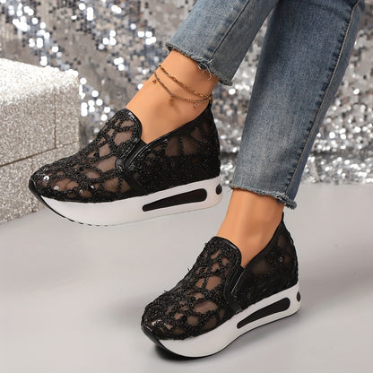 Women'S Chic Black Sequin Mesh Sneakers - Breathable, Casual Sneakers, Lightweight EVA Sole, Women Shoes