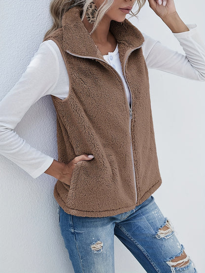 Lightweight Sleeveless Cardigan with a Zipper, Featuring Double-Sided Fleece, Perfect for Autumn And Winter, Complete with Pockets