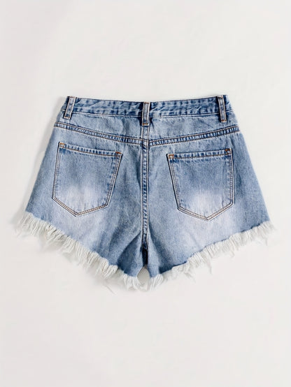 Women's Stylish Blue Denim Shorts with Ripped Detail And Frayed Hem - Mid-Thigh Streetwear for Spring/Summer, Machine Washable, Medium Stretch Fabric, Spring Fashion | Trendy Summer Apparel | Raw Edge Styling, Jean Shorts