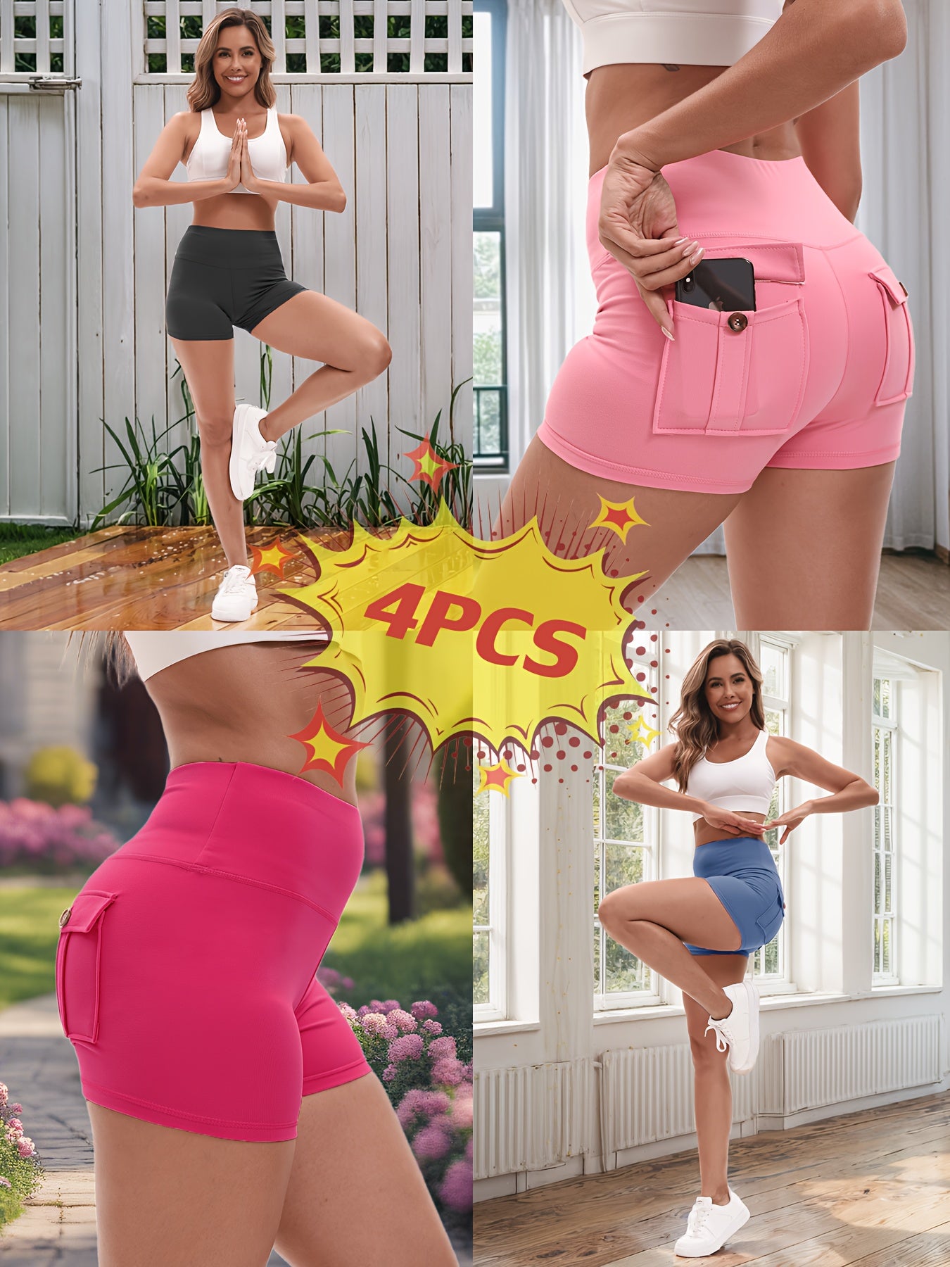 2026 High Stretch Elastic Waist Cargo Shorts Women's Shaping Hip Lifting Quick-Drying Fitness Pants with 2 Pockets 4pcs 2pcs Solid Color Yoga Short Pants Set Game Day Fan Gear for Soccer All Fans