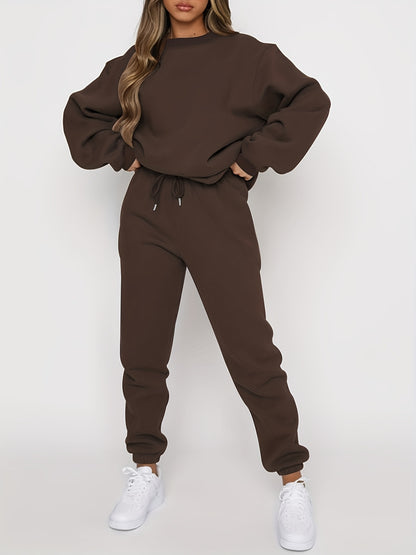 [Casual 2pcs Suit] Women's Casual Fashionable & Versatile 2pcs Suit | Autumn & Winter Solid Color Loose Pullover Sweatshirt + Elastic Waist Drawstring Pants