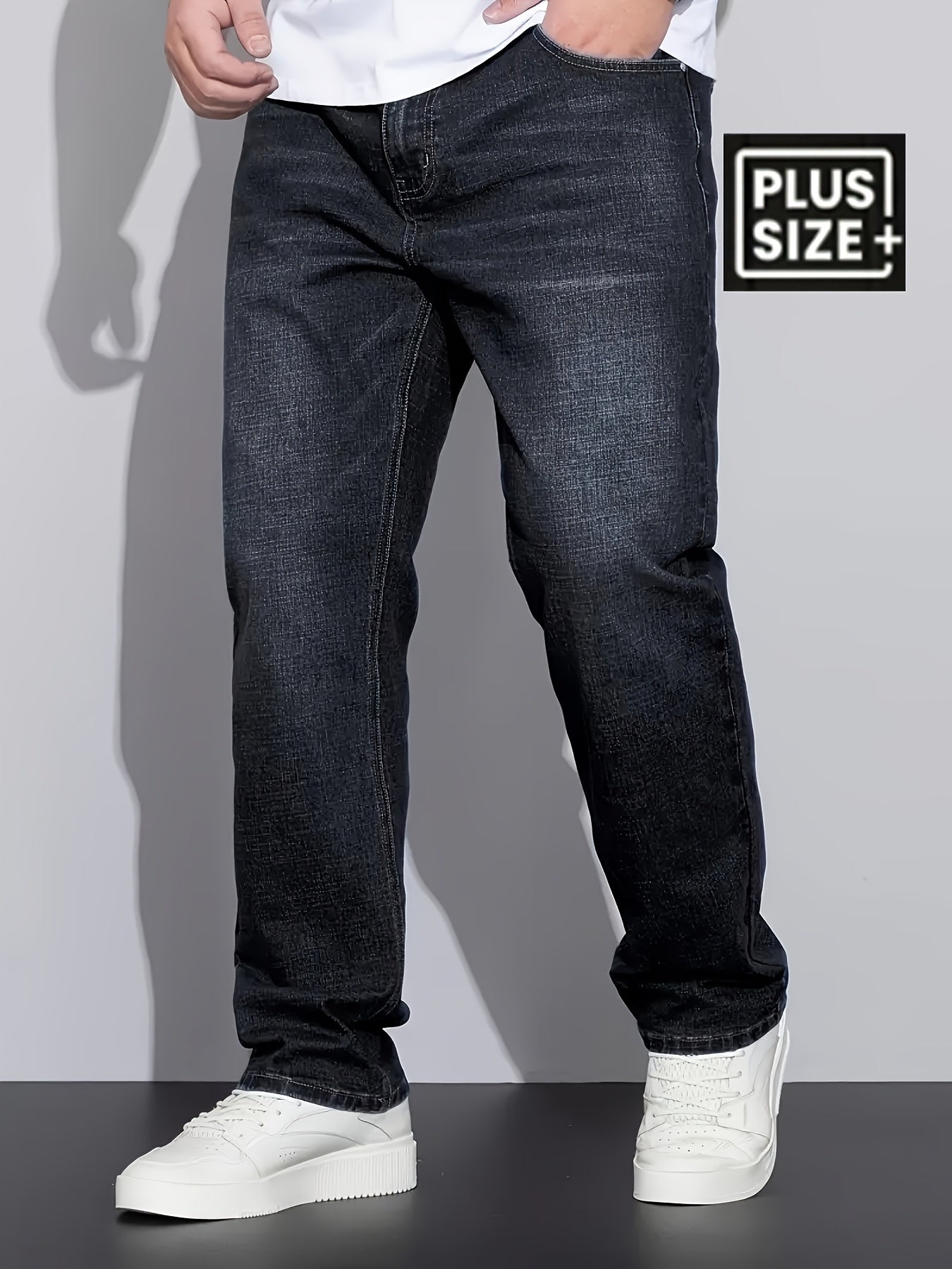 [HME] Men'S Easy And Casual Denim Trousers, Classic Five-Pocket Style, Retro Washed Craftsmanship, Mid-Waist Elastic Straight-Leg Pants, Built-In YKK Zipper Closure, Essential Men'S Plus-Size Jeans for Fashionable And Casual Outfits, Plus Size