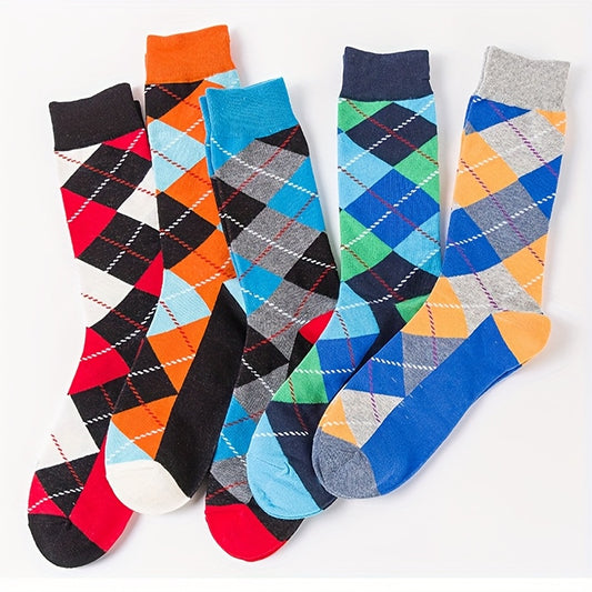 5 Pairs Men'S Business Socks with Geometric Diamond Patterns & Bright Color Block Designs - Soft Durable Fabric, Vibrant Multicolor (OrangeGreen) for Casual & Formal Occasions, Office, Meetings, Events - Stylish & Professional Dress Socks