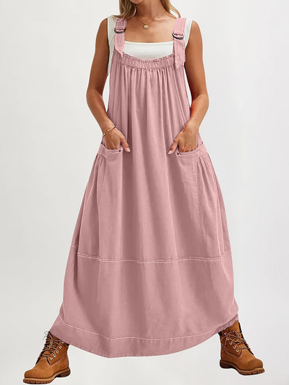 [Loose Midi Dress] Women's Loose Adjustable Strap Midi Overall Dress with Big Pockets in Workwear Style