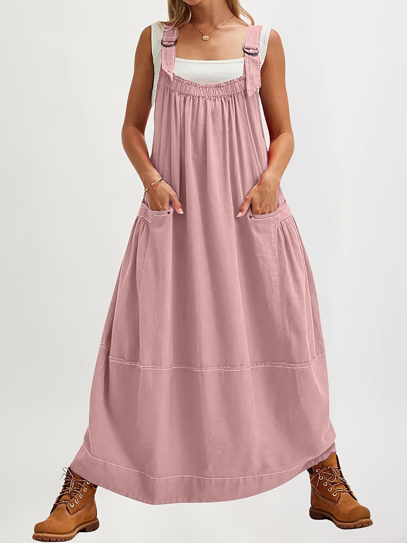 [Loose Midi Dress] Women's Loose Adjustable Strap Midi Overall Dress with Big Pockets in Workwear Style