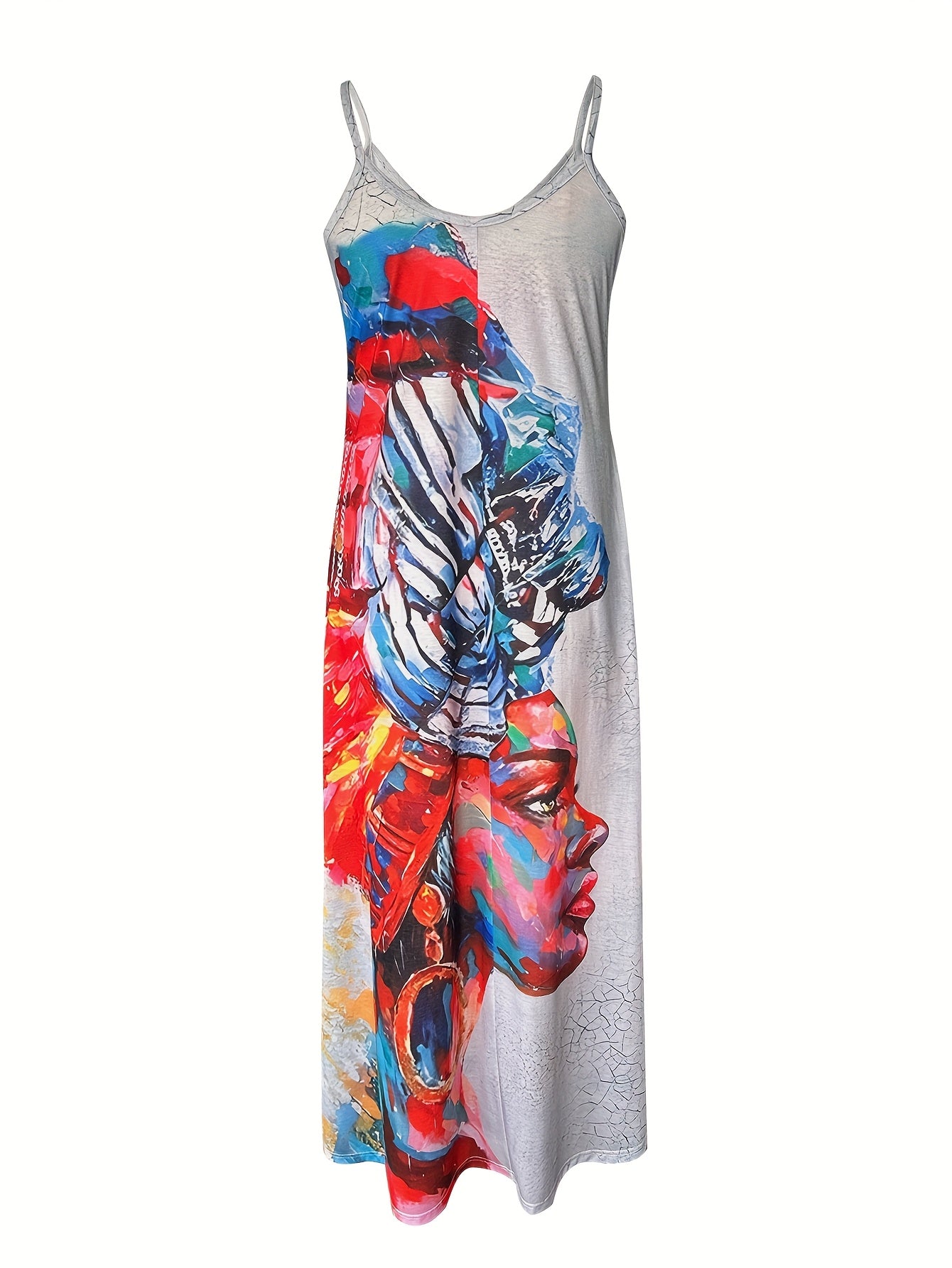 Women'S Long Dress Featuring a Portrait Print, Designed in a New European And American Style with Straps for Summer