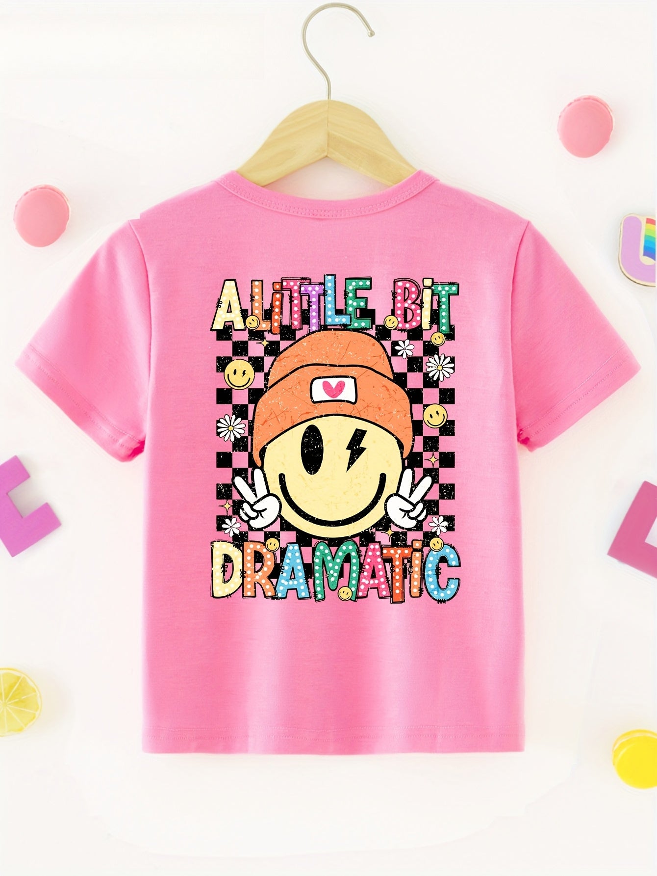 Girls "A Little Bit Dramatic" Print Double-Side Print 100% cotton Short Sleeve T-shirt, Comfy Casual Tees For Girls Summer