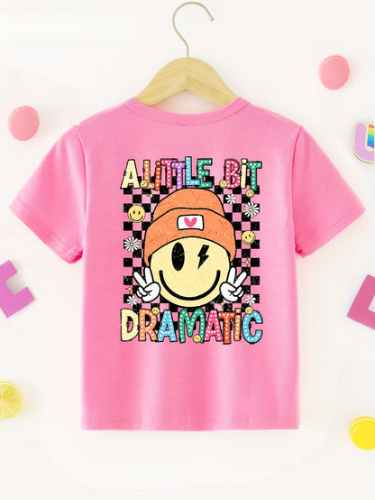 Girls "A Little Bit Dramatic" Print Double-Side Print 100% cotton Short Sleeve T-shirt, Comfy Casual Tees For Girls Summer
