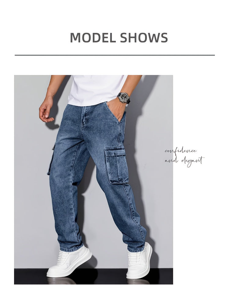 [Hme]Men'S Workwear Casual Loose Short Straight-Leg Jeans, Elastic Denim for Comfort And Relaxation, Heavy-Duty Washed Classic Western Denim in Retro Blue, Designer Multi-Pocket, Suitable for All Seasons, Machine Washable, Built-In YKK5 Zipper