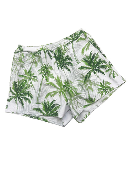 Women's Large-sized Design-inspired Tankini 2pcs Swimsuit Set, with Crossed Pleated Ruffled Skirt at the Front, Square-neck Striped Top Paired with Flat-leg Tropical Print Shorts. Ideal for Beach and Resort Holiday Parties.