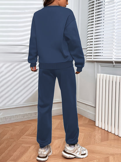[Casual 2pcs Suit] Women's Casual Fashionable & Versatile 2pcs Suit | Autumn & Winter Solid Color Loose Pullover Sweatshirt + Elastic Waist Drawstring Pants