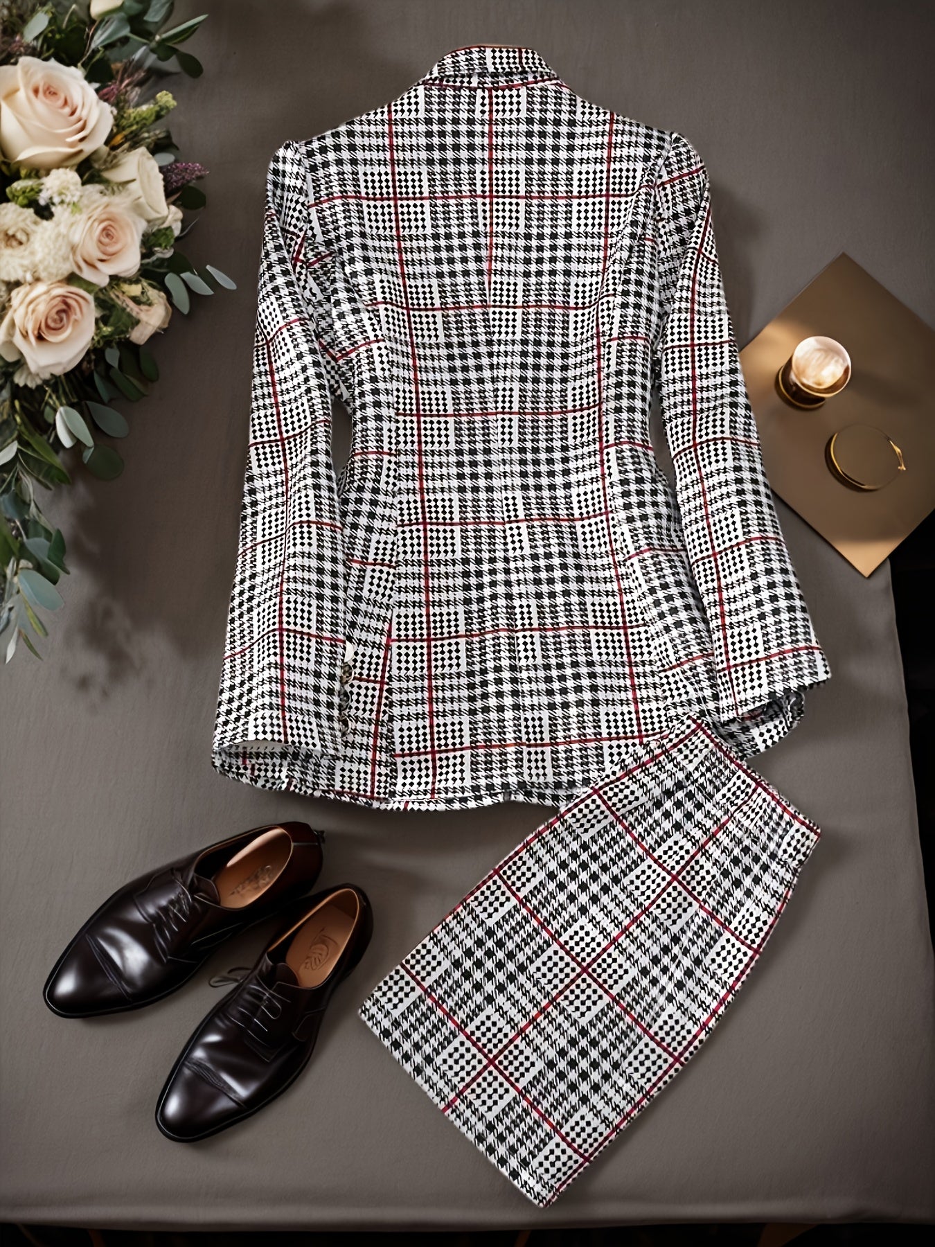 Plaid Pattern Button Elegant Skirt Set, Lapel Collar Long Sleeve Blazer & High Waist Skirt Outfits for Spring & Fall, Women's Clothing