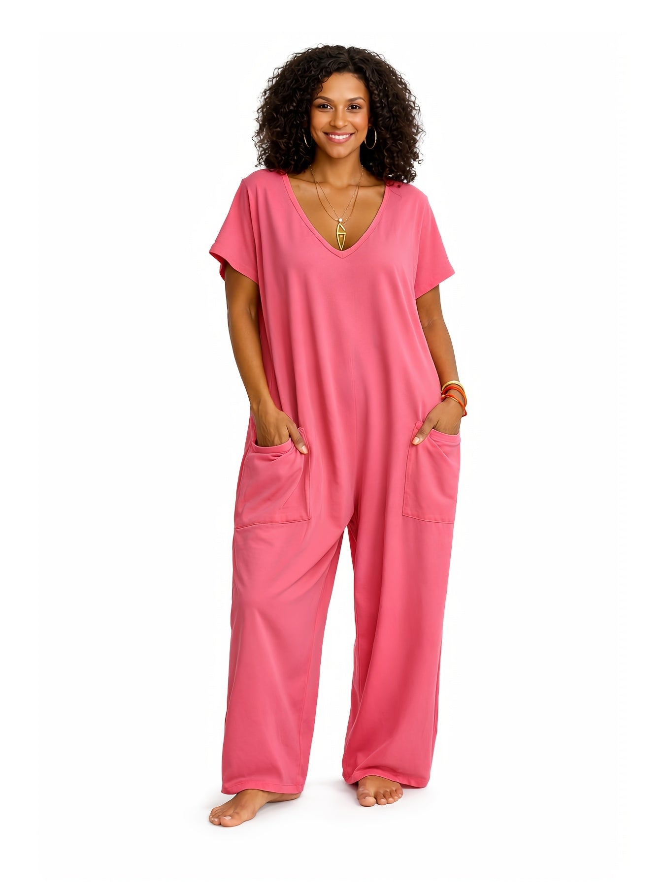 Women's Rose Red Polyester V-Neck Oversized Jumpsuit - product view 1
