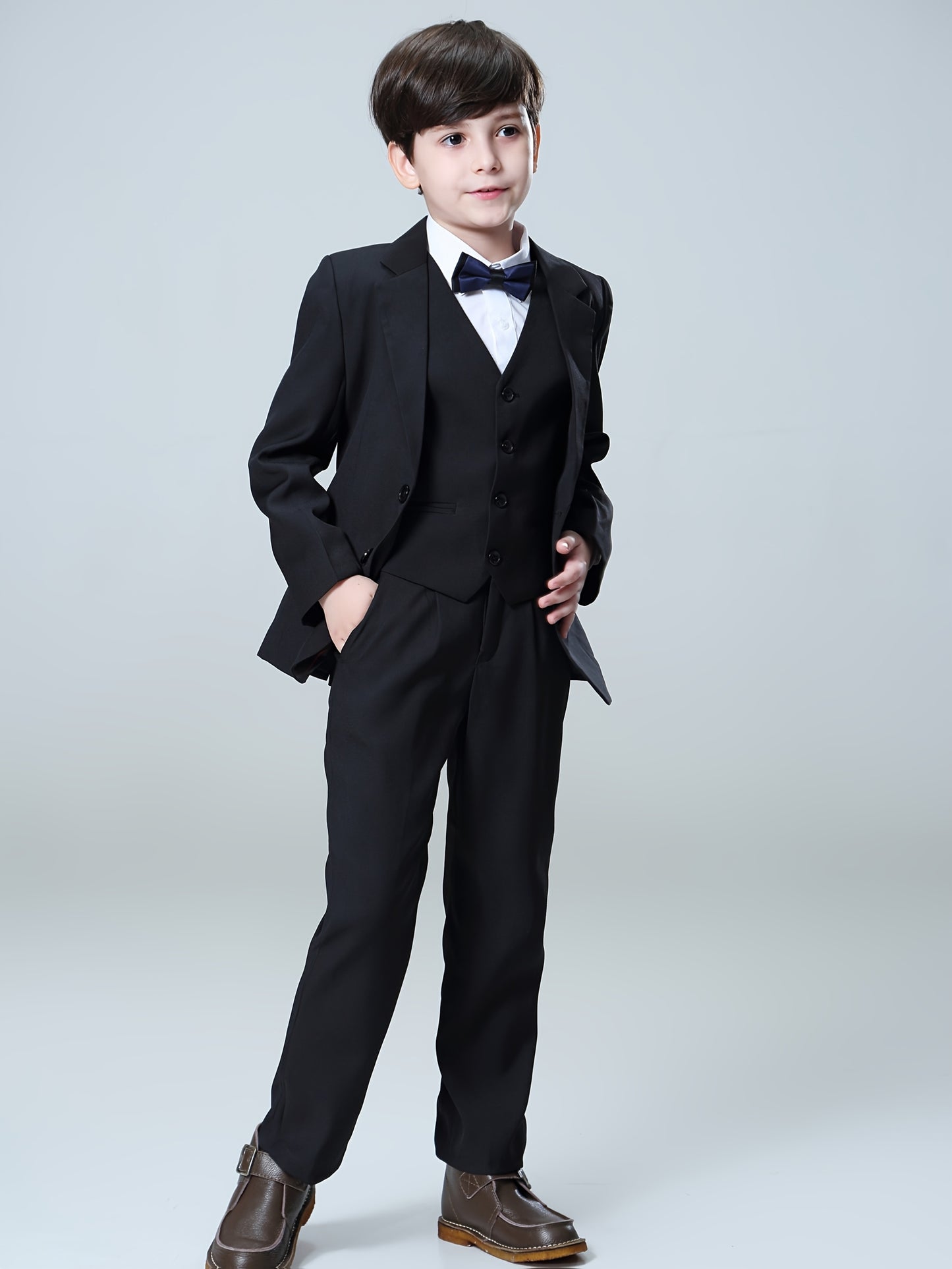 NIMBLE Boys Formal Suit Set Jacket Vest Trousers 3pcs 3-13Y Children Party Clothes Host Wedding Available In Four Colors Blue Black Khaki Navy Blue