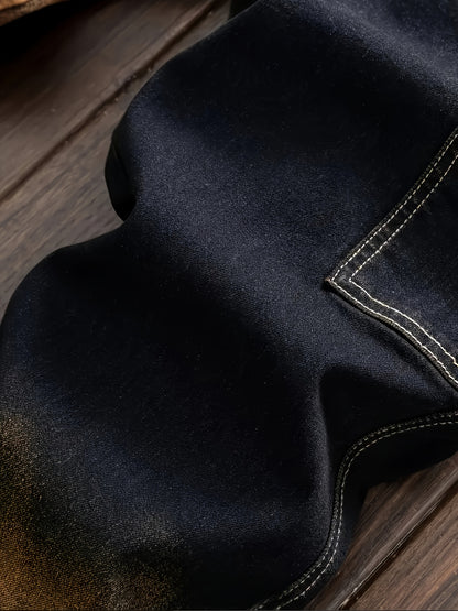 American-style Fashion Multi-process Washed Cat Mustache Men's Denim Trousers, Casual Stretch Jeans, Retro Anti-aging Gradient Washed Denim Work Pants, Multi-pocket Work Pants, Durable Denim Fabric, Casual Wear Denim Trousers