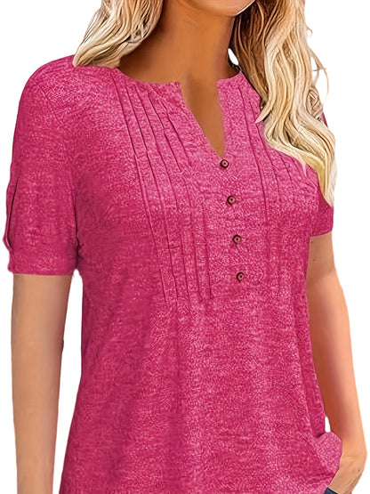 Casual Short-Sleeve T-Shirt for Women, Featuring a Pleated Design And V-Neck in Solid Colors, Perfect for Summer