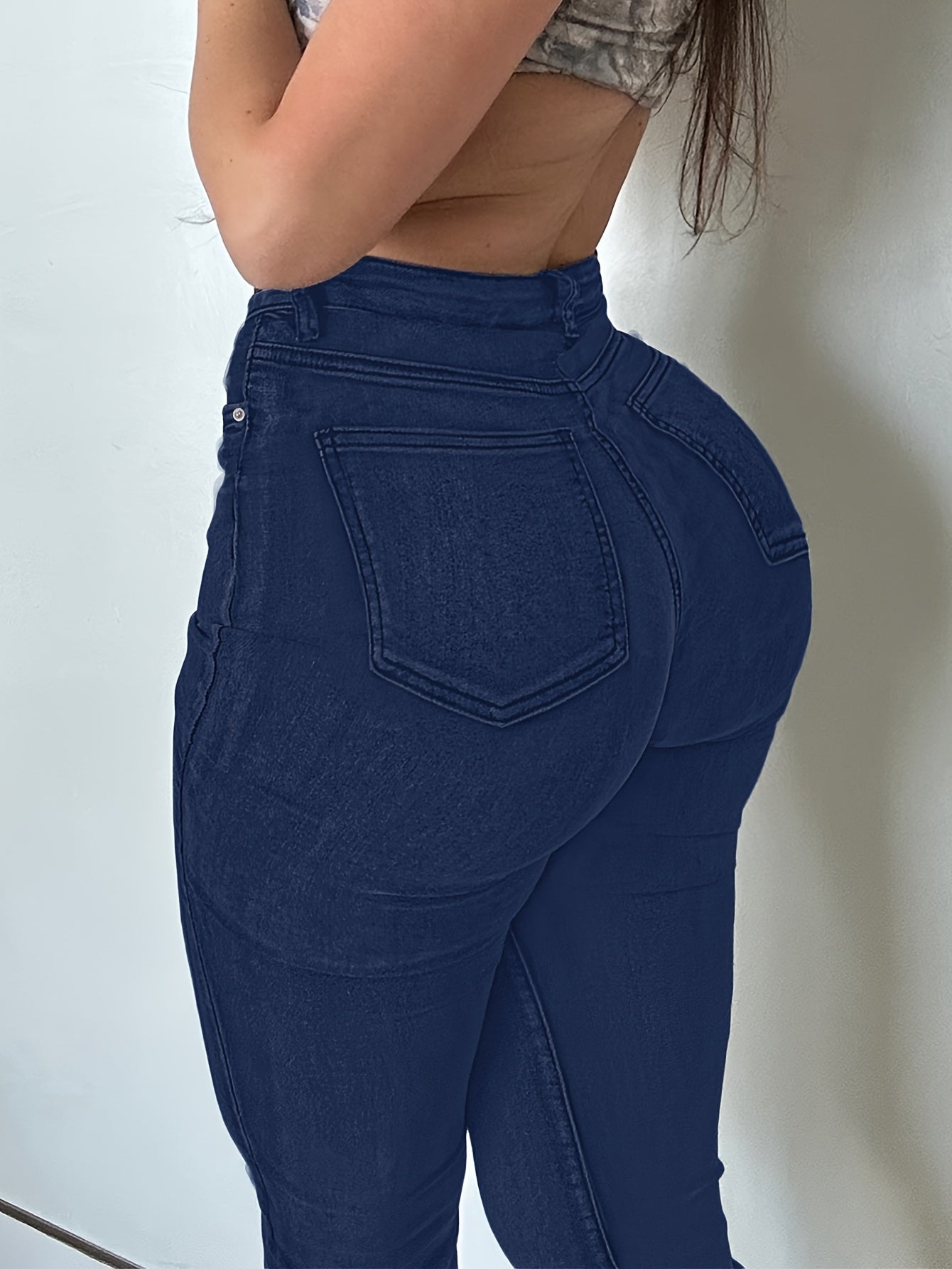 Women'S High Stretch Flare Zipper Jeans - Solid Color Street Style with Pockets, Four Seasons Comfortable Machine Washable Fabric, Functional Fashion Design, Comfortable Fit