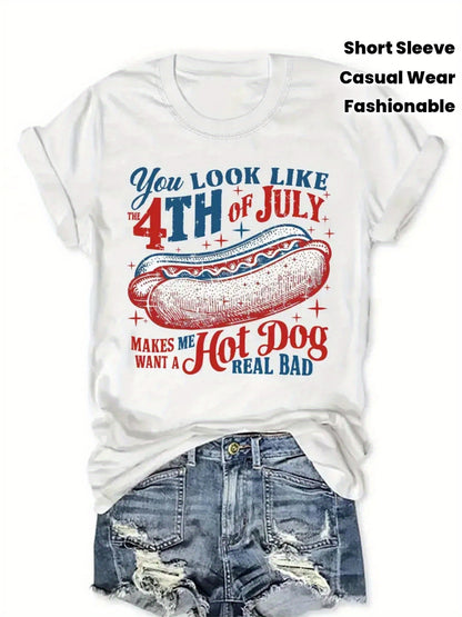 Round-Neck T-Shirt - Fashionable Women'S Style, Featuring a "You Look Like a Fourth of July" Hot Dog Print - Casual Short-Sleeved Round-Neck Top - Lightweight And Breathable, Suitable for Spring And Summer Wardrobes