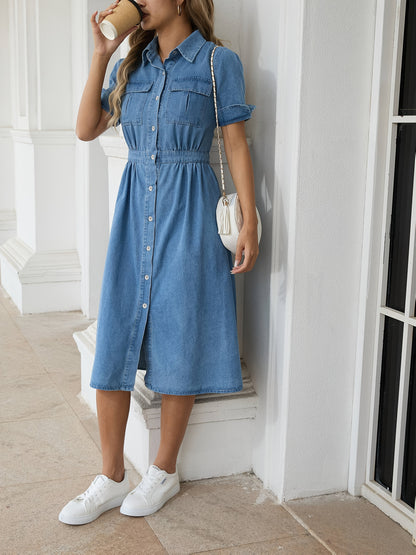 Women'S Casual Denim Midi Dress - Short Sleeve, Button-Up Shirt Style with Pockets, Flattering A-Line Cut, Light Blue Blend Fabric, Perfect for Spring And Fall