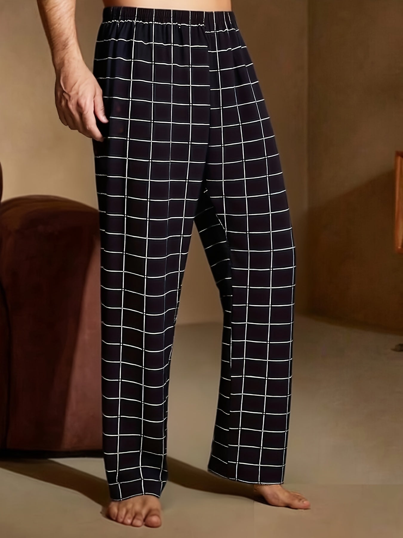4pcs Set Spring Summer Men's New 4 Pairs Plaid Trousers Pajama Pants Men's Spring And Autumn Loose Can Be Worn 4 Pairs Combination Pc Lounge Pants Only One Side One Pocke