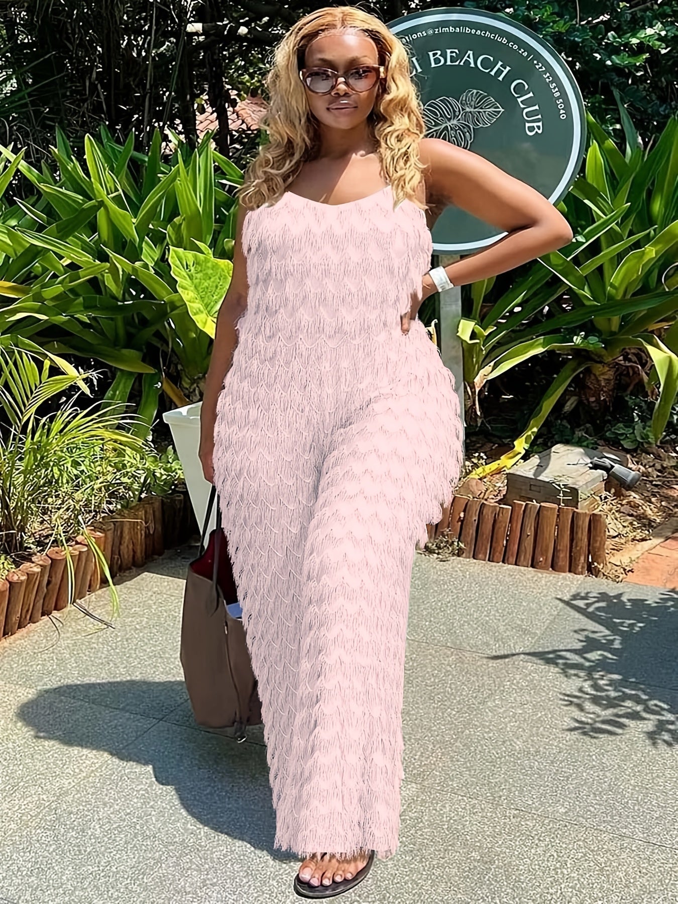 Plus Size, Plus Size Elegant Black Jumpsuit for Women - Chic Sleeveless V-Neck with Tassel Detail, Loose Fit, Polyester & Elastane Blend, Machine Washable - Perfect for All Seasons, Plus Size Jumpsuit