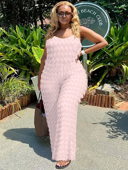 Plus Size, Plus Size Elegant Black Jumpsuit for Women - Chic Sleeveless V-Neck with Tassel Detail, Loose Fit, Polyester & Elastane Blend, Machine Washable - Perfect for All Seasons, Plus Size Jumpsuit